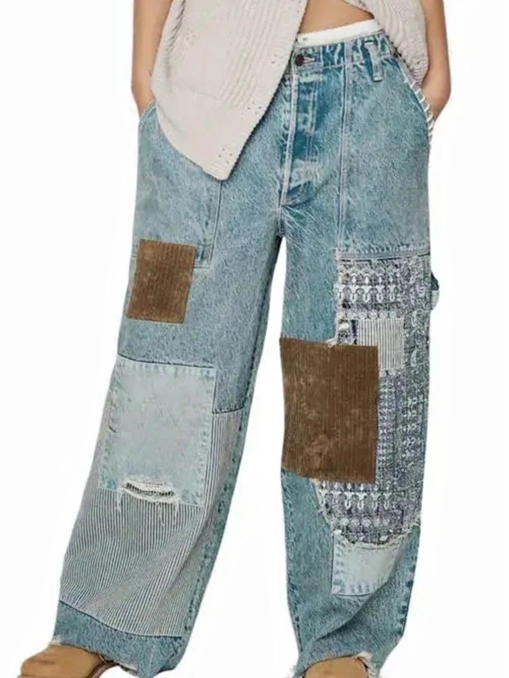 We The Free Patchwork Boyfriend Jeans Blue Waist 26 - Picture 2 of 11